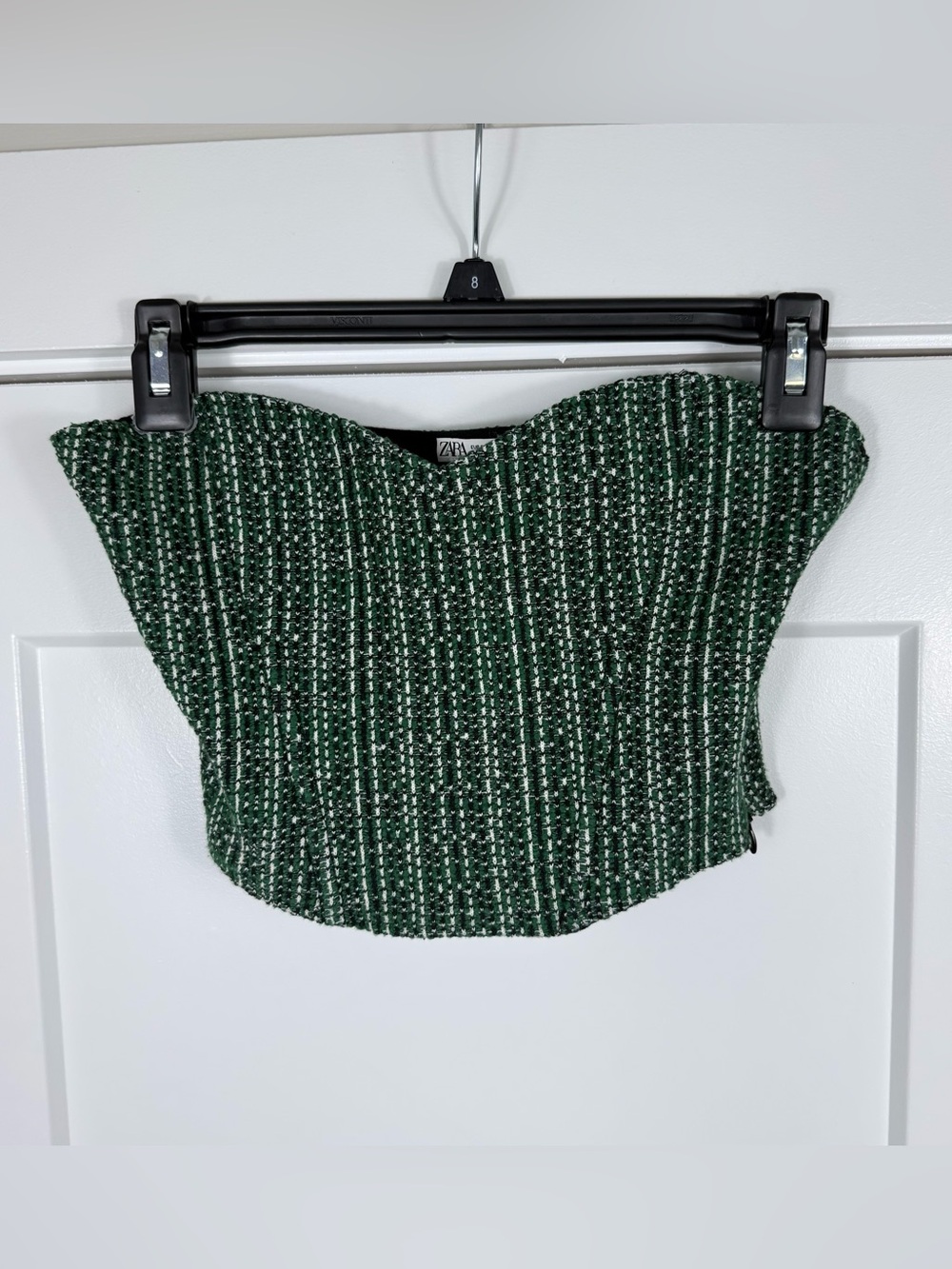 Zara Tweed Corset Top Sweetheart Strapless Cotton Blend Green White Women Small